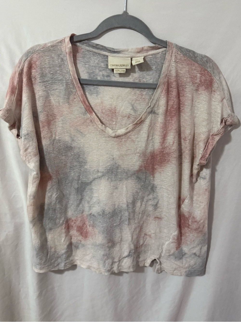 Cynthia Rowley Pink & Gray Tie-Dye V-Neck Short Sleeve Top 100% Linen